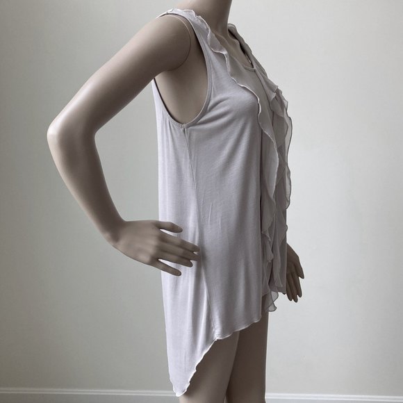 Kische Sleeveless Blouse Woman Sz M Jersey Top Sheer Ruffle High Low Mauve Gray - Picture 3 of 11